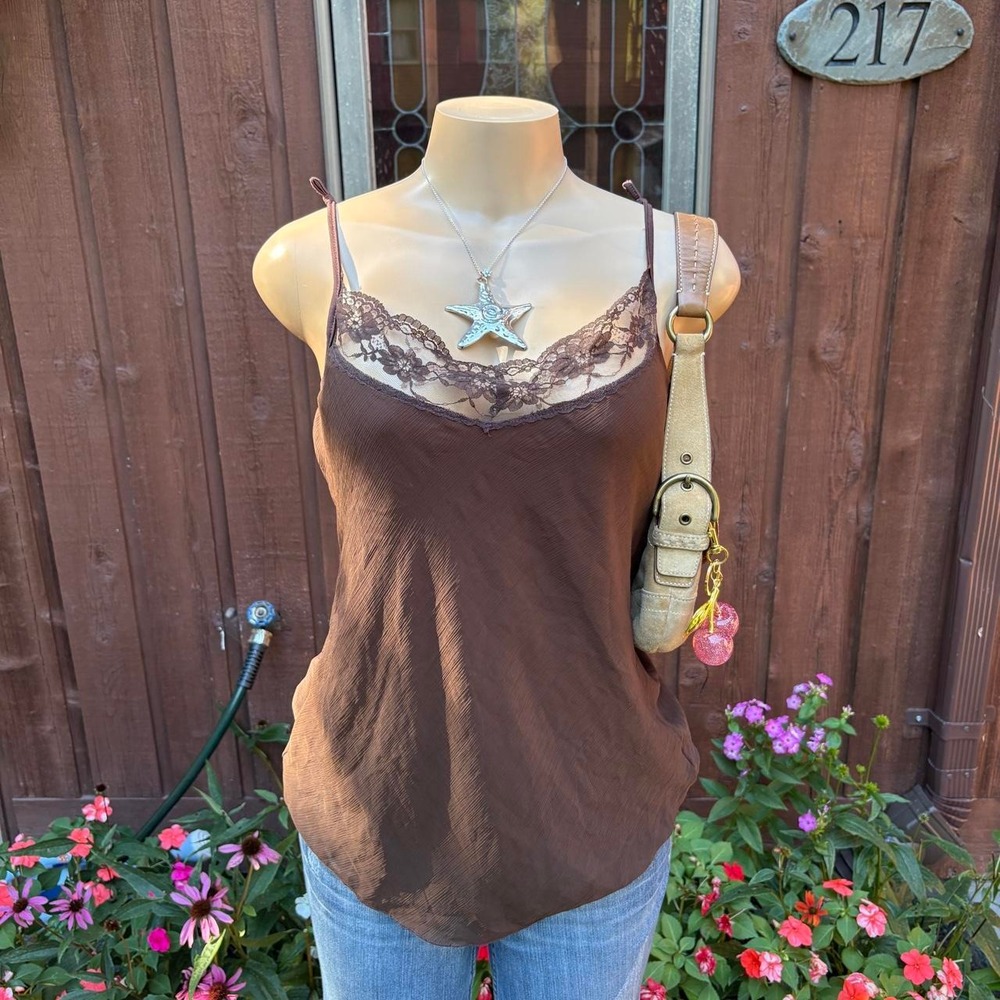 y2k 2000s brown lace trim lingerie cami top Size L